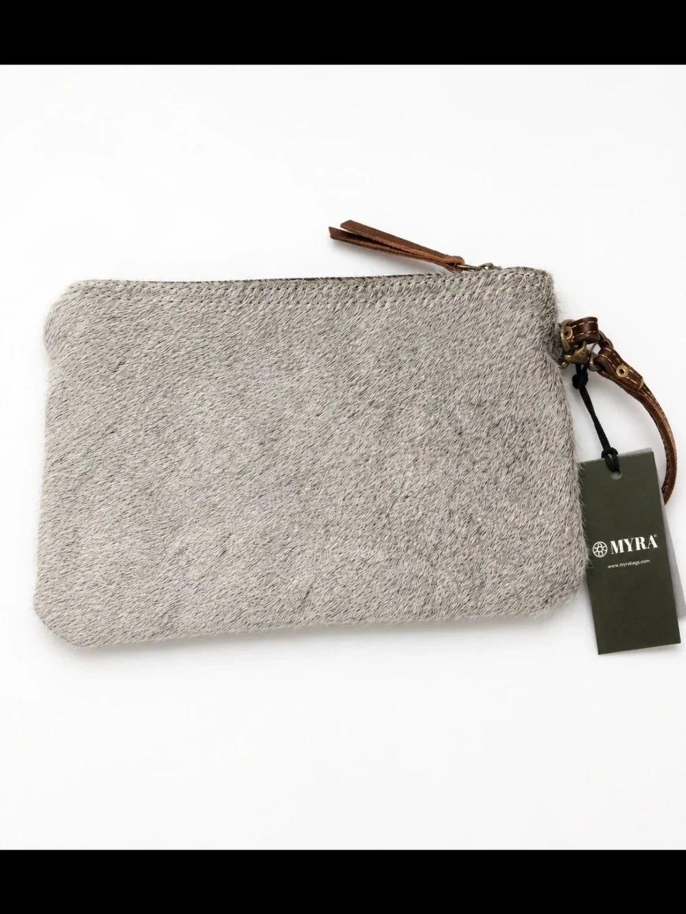Myra Bag Brown and White Cowhide Wristlet Clutch